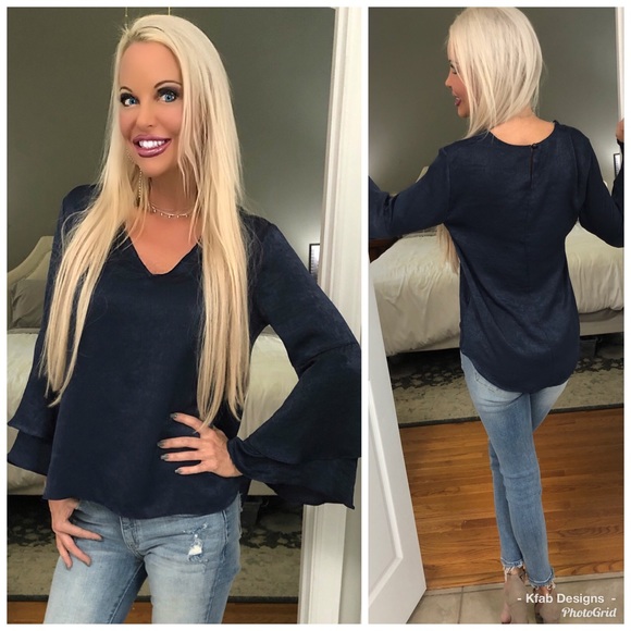 LAST 1! ❤️Sateen Double Ruffle v neck woven blouse - Picture 4 of 6